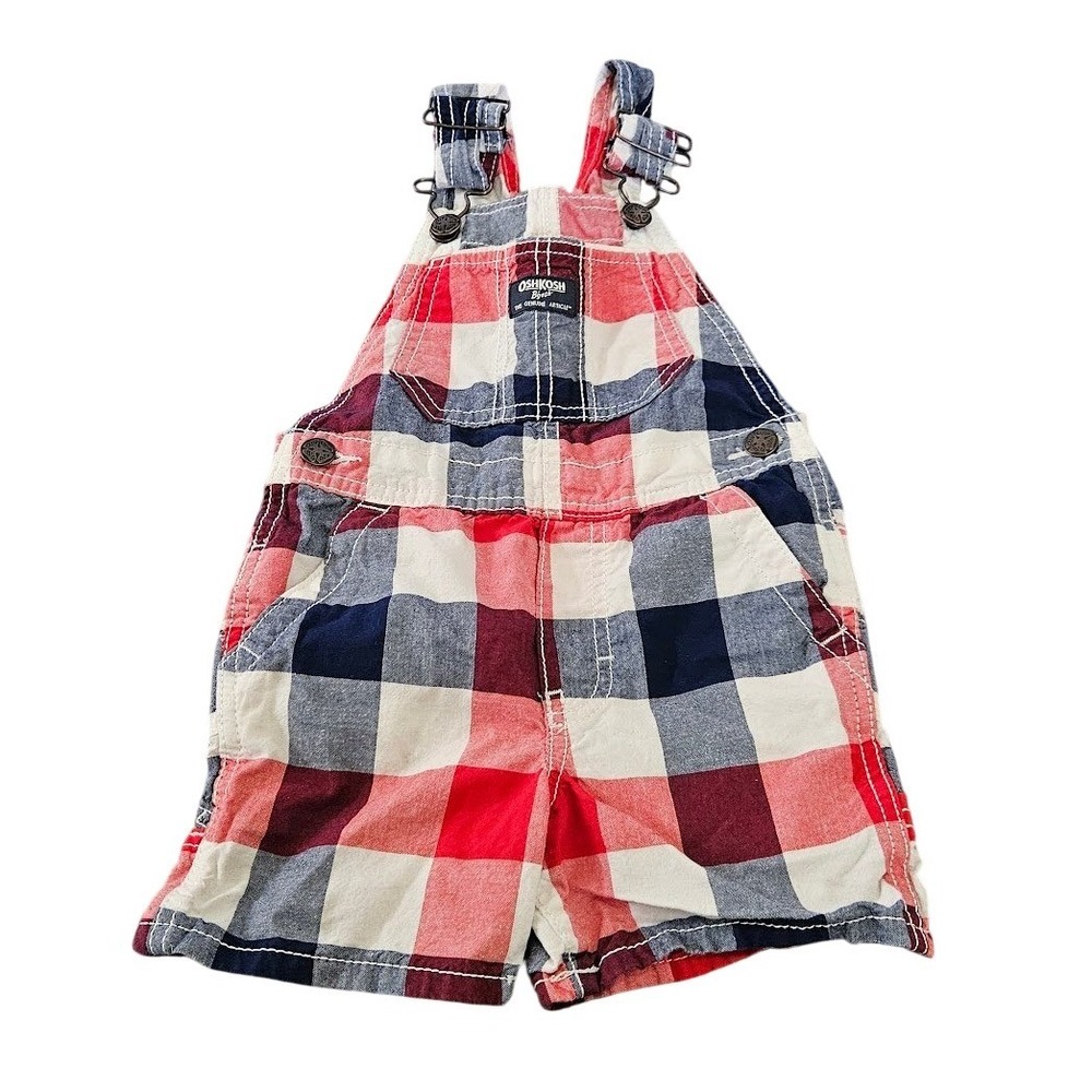 OshKosh B'gosh Toddler 2T Red Blue Plaid Cotton Shortalls Overalls